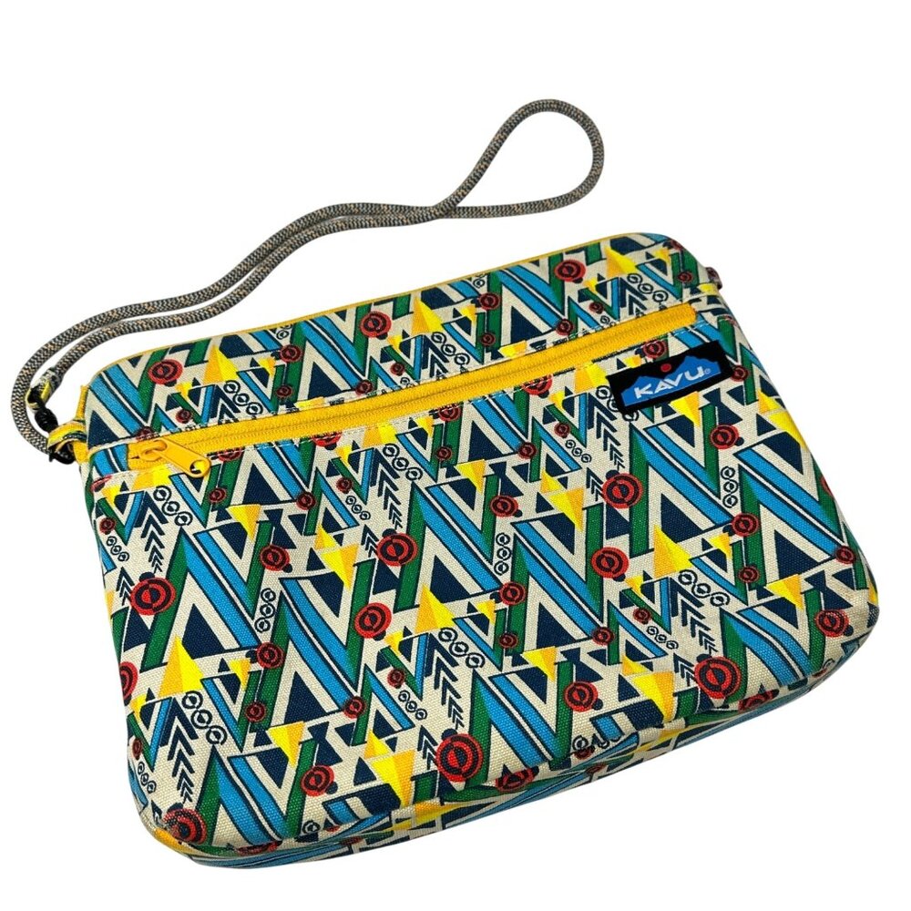 Kavu Crossbody Bag Geometric Print Blue Red Green Yellow Zipper Trim Rectangle
